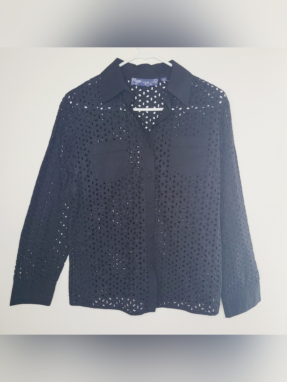 Susan Graver Style Eyelet Daisies Top Women's XS  Long Sleeve Pockets Daisy Farm